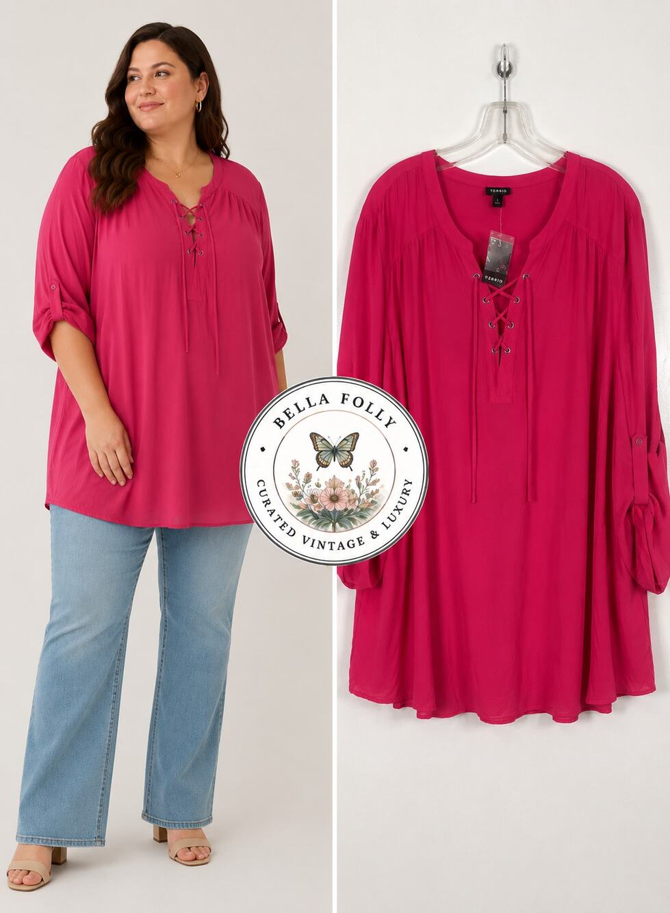 NWT Torrid Harper Georgette Lace Up 3/4 Sleeve Tunic Top Blouse Pink 5X  28 Boho